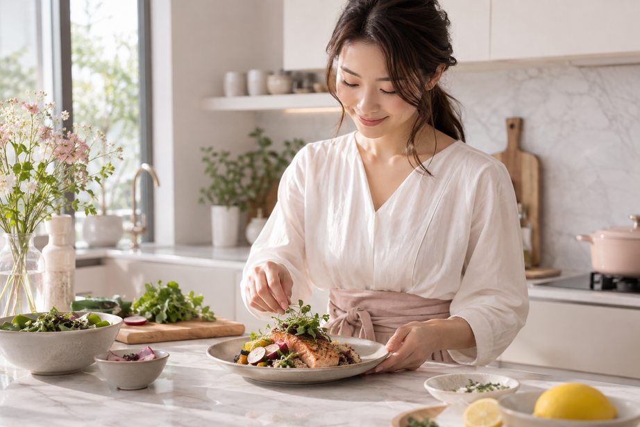 日々の食事を丁寧に盛り付ける女性。企画資料掲載のイメージ